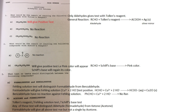 NAME DESK NUMBER QUESTIONS Aldehydes and Ketones What vould be the resul 1.oapounda vith roiienui hotgenteting the tolloving