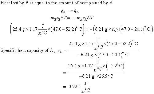 Heat lost by B is equal to the amount of heat ganed by A 25.4 g × 1.17ーー×(47.0-52.2) C | =-621 g × sax(47.0-20.1) C 25.4 g