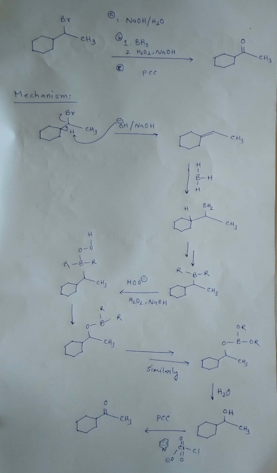 Br 1. NaOH/H₂O L CH3 61. BH₃ 2 H₂O2, NaOH pec Mechanism: Br 8H/NaOH CH3 B-H -.-I HBн - CH3 R-B-R R-B-R CH HOOD U CHE H₂O2, N