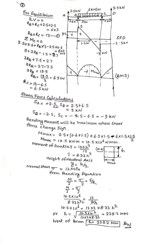 for Equilibrium wilibrium 2.5KN 6kN/m 2.5KN Af Bf Weddidd pe o ^E 3m EV=0 06m RB + Rc+2.5+2.5 = 6x3 Ret Re = 13–0 25 + E Me=0