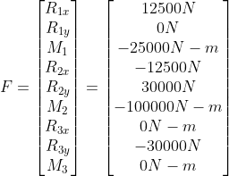 F=\begin{bmatrix} R_{1x} \\ R_{1y} \\ M_1 \\ R_{2x} \\ R_{2y} \\ M_2 \\ R_{3x} \\ R_{3y} \\ M_3 \\ \end{bmatrix}=\begin{bmatrix} 12500N \\ 0 N \\ -25000N-m \\ -12500N\\ 30000 N\\ -100000 N-m\\ 0 N-m\\ -30000 N\\ 0 N-m\\ \end{bmatrix}