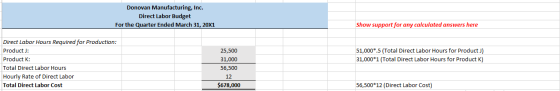 Donovan Manufacturing, Inc. Direct Labor Budget For the Quarter Ended March 31, 20X1 Show support for any calculated answers
