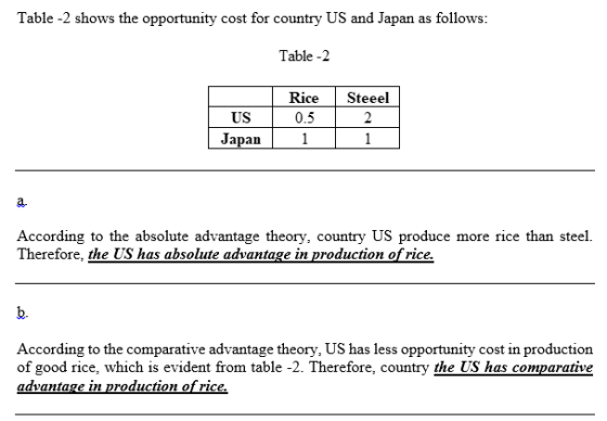 Table -2 shows the opportunity cost for country US and Japan as follows: Table -2 RiceSteeel 0.5 US Japan a. According to the