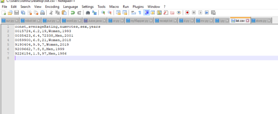 CAUsers vishnuDesktop list.csv- Notepad++ File Edit Search View Encoding Language Settings Tools Macro Run Plugins Window r b
