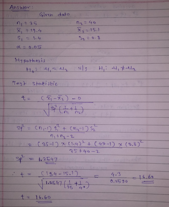 data Answer: I Giren n = 35 x = 19.4 S = 1.4 a=0.05 n2=40 X2=15.1 S2=0.8 Hypothesis Hier = ela als H, 4, Zalla Test statistic