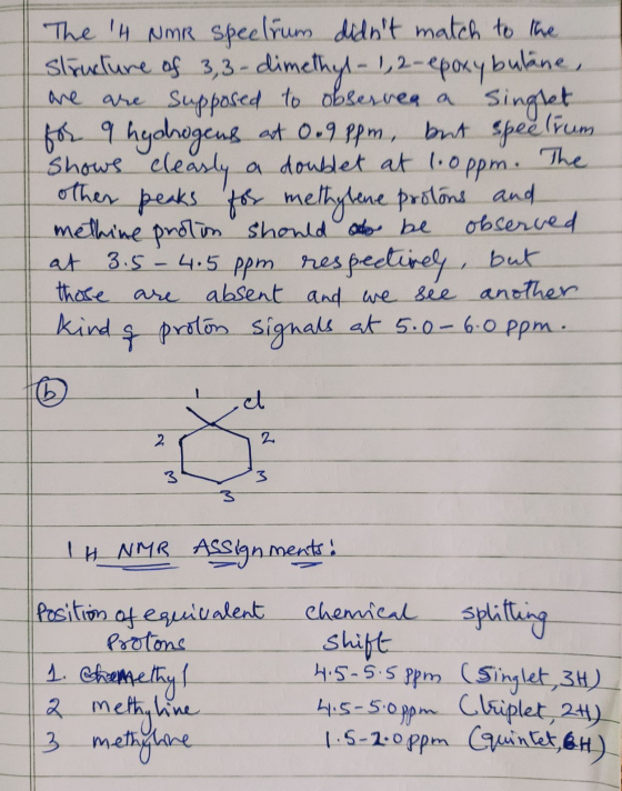 The The 4 NMR spectrum didnt match to the structure of 3,3-dimethyl-1,2-epoxy bulane, are are supposed to observea a Single