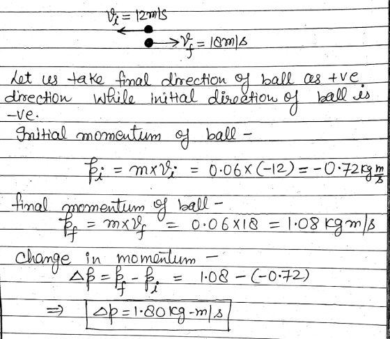 Vi= 12mts a>V= 10ms Let us take final direction of ball as tve direction while initial direction of ball is -Ves Snitial momc