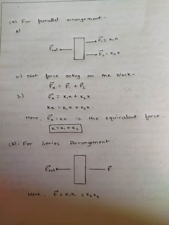 (a). For parallel arrangement - F = kix Tu F₂ = K2x 2.) Net the block- force acting on FN = F + F = kint K₂ x 3.) Here, Kr=ki