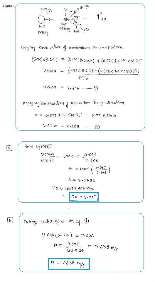 Solution mys .25 m/s Pinyl o l. 23. 0975kg Qu ball 5.75kg Applying Camservation of mamentum m x-deveckan. (5-75)x(9.25 ) = (5