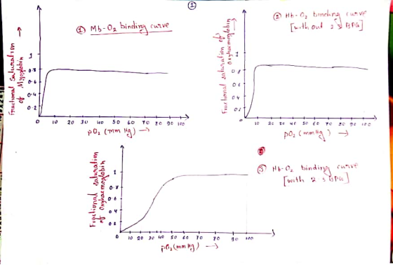 @ Hb - Og bonding curve -- [without as Bral ② Mb-O2 binding curve e Oxyhex moglobin Fractional saturation of Myoglobin Foclon