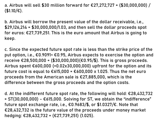 a. Airbus will sell $30 million forward for €27,272,727 = ($30,000,000)/ ($1.10/€). b. Airbus will borrow the present value o