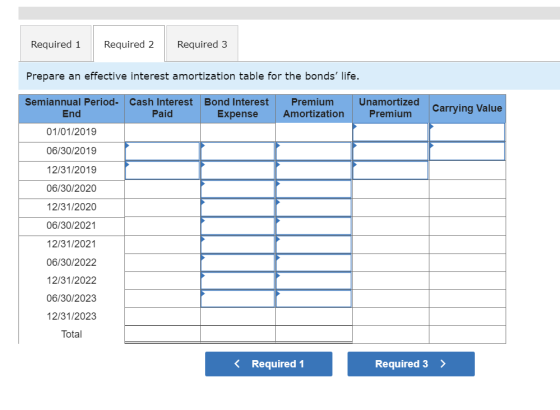 Required 1 Required 2 Required 3 Prepare an effective interest amortization table for the bonds life. Semiannual Period- Cas