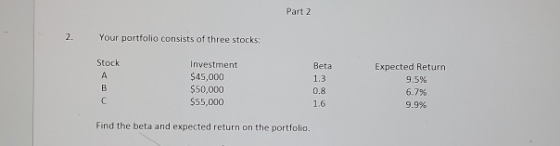 Part 2 2. Your portfolio consists of three stocks: Stock Investment Beta Expected Return A $45,000 $50,000 $55,000 1.3 9.5% B
