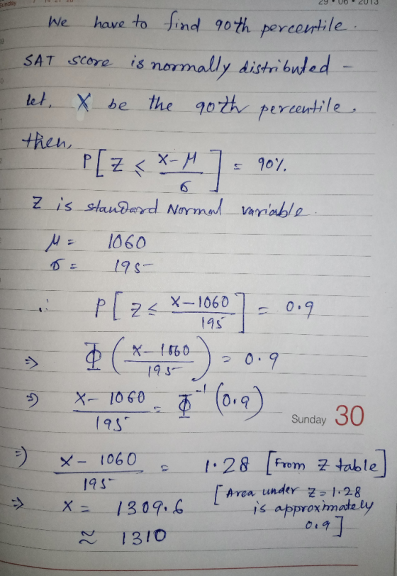 Sunday 29 U6 2013 We have to find 90th percentile SAT score is normally distributed - let, X be the 90th percentile - then, P