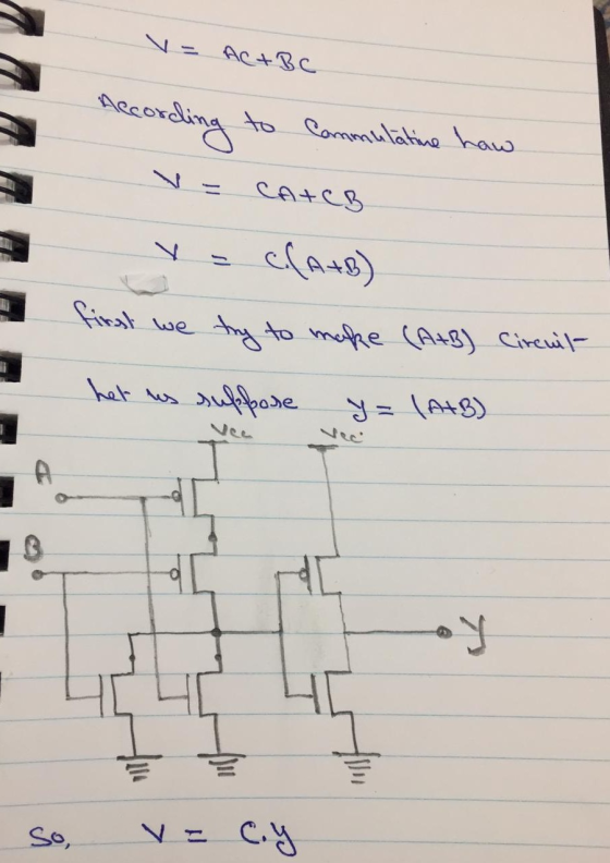 V- ACABC ording to Commulatine how = CATCB V = c(A+B) first we try to make (A+B) Circuit het is suppose suppose y = |A+B) So,