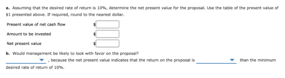 a. Assuming that the desired rate of return is 10%, determine the net present value for the proposal. Use the table of the pr