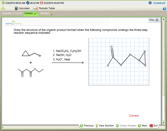 5/4/2015 08:55 AM A 28.3/100 5/3/2015 03:29 PM Gradebook CalculatorPeriodic Table Question 11 of 35 Correct Solution 9 Map sa