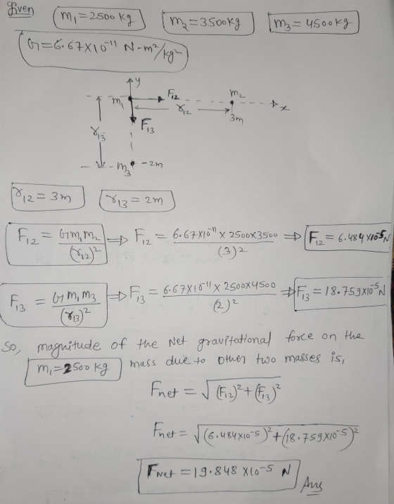 given mi=2500 kg [m=3500kg G=6.67X10 N-m²/kgh m = usookg Fiz 3m Fiz ris m -2m 12=3m 813=2m Fiz = Gimme F. ₂ = 6.67X10 X 250