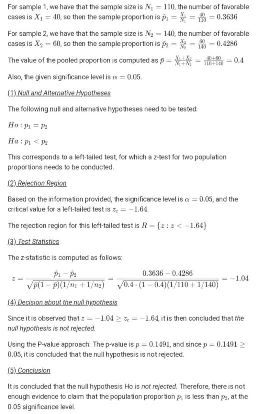 For sample 1, we have that the sample size is Ni = 110, the number of favorable cases is X1 = 40, so then the sample proporti