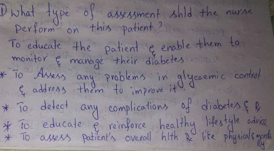 I what type of assessment shld the nurse perform on this patient ? sucate the patient e enable them to monitor & manage their
