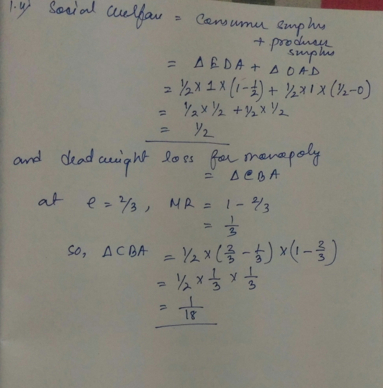 1.4 Social welfare - Consumer suphus + prod = AEDA + AOAD semplis 2 % X 1X (1-2) + 2X1 X (2-0) = ² x ² + y ₂ X / and dead wei