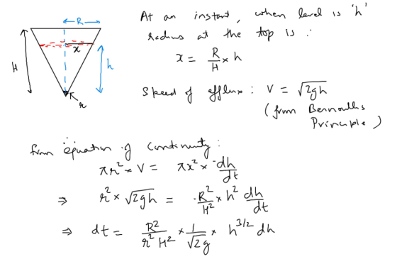 At an instant when level is h hachus at the top is : 1 x B xh speed of efflux : v=v2gh (from Bernoullis 1. Prinaple ) from é