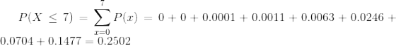 P(X \leq 7) = \sum_{x=0}^{7}P(x) = 0 + 0 +0.0001 + 0.0011 + 0.0063 +0.0246 + 0.0704 + 0.1477 = 0.2502