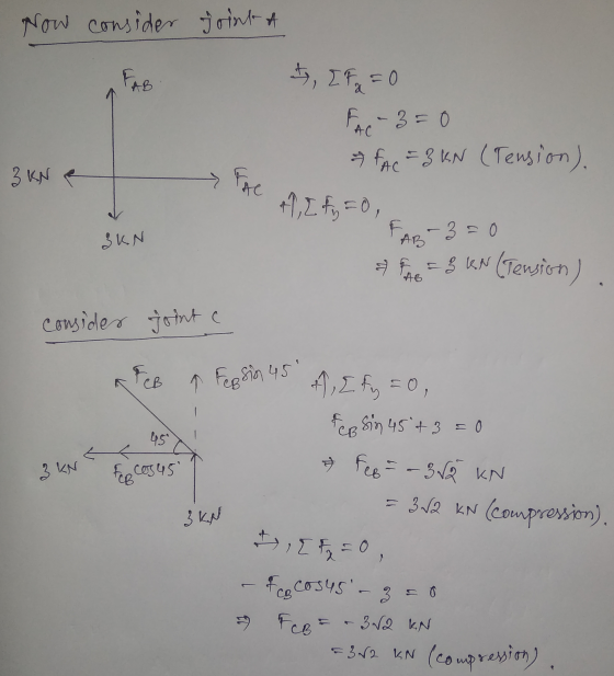 Now consider Joint of FAB *, IF, = 0 AC * FAC = 3 KN (Tension). 3 KN FAL +1, 1 fiy = 0, 3 KN FAB-3=0 + 6 = S KN (Tension) con