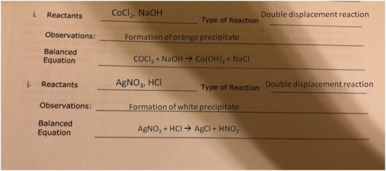 i. Reactants CoCl2, NaOH Double displacement reaction Type of Reaction Observations: Formation of orange precipitate Balanced