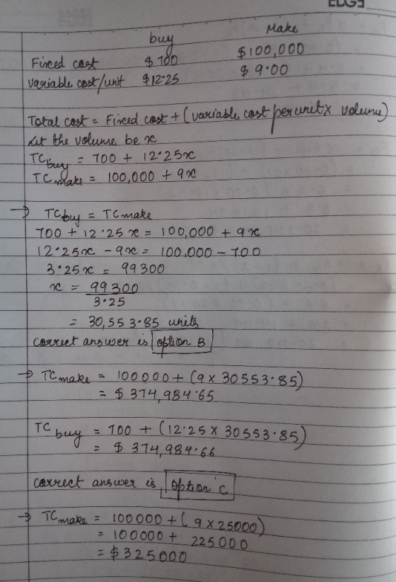 Make $100,000 bu Fined cast Total Cost - Fied cast (veriasle cast ber nitxw t the volunse be se ブ00 + 12-25 ?e = 100,000 + gr