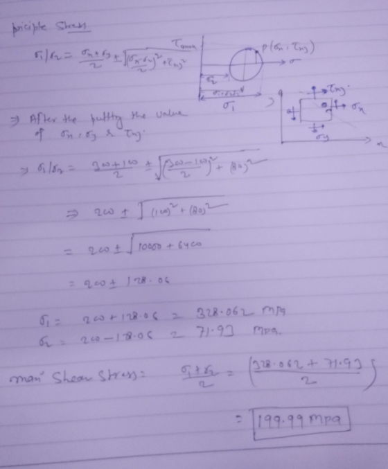 priciple Stress = After the puftly the value of Oniotny bilon gut w + Soo-log+ (303) - 20 II (eo)? + (20) 2 = 26. 10000 + 64c