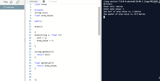 6 main.cpp E saved clang version 7.0.0-3-ubuntu0.18.04.1 (tags/RELEASE Files 0/final) Enter unit: metres Enter area value: 2