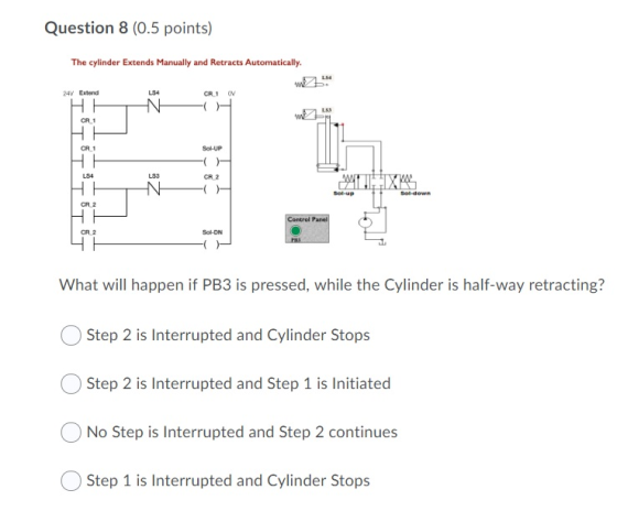 Question 8 (0.5 points) The cylinder Extends Manually and Retracts Automatically. 241 Extend CR1 ov HE NH CR1 Sol-UP CR 2 Con