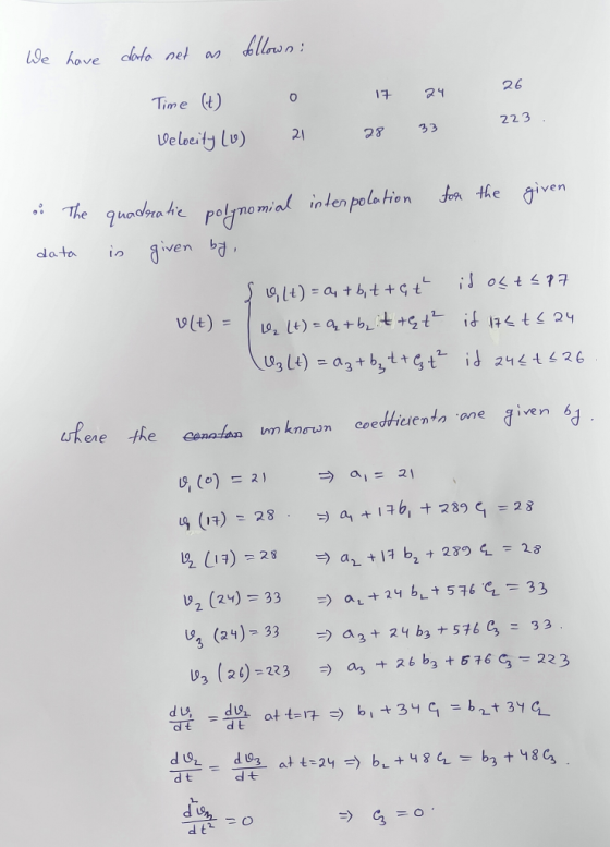 We have doto net as follows: Time (t) 0 Velocity (0) 21 17 24 28 33 26 223 : The data quadratic polynomial interpolation for