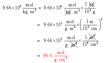 1 ké 9.66x108 mol kg m2 = 9.66x108mol kg .mº 10 g 2 = 9.66x105 mol l 1 m g.m? (102 cm) = 9.66x105 mol 8H X 10 cm? = 966 mol 2