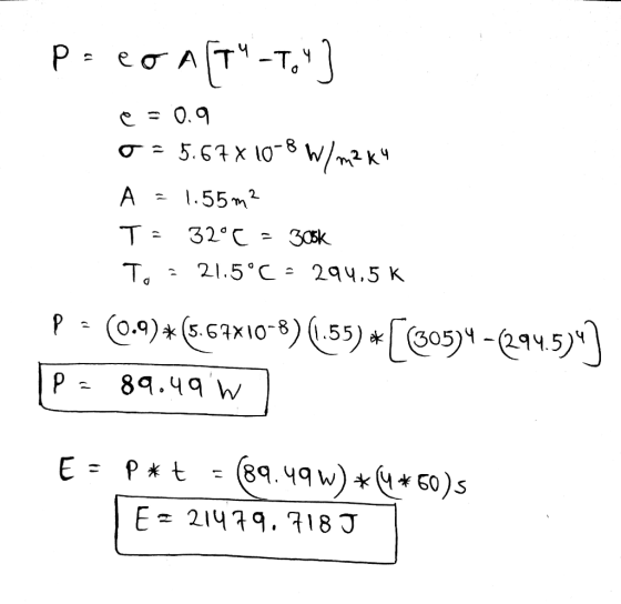 Р: есл(т-т.) e = 0.9 0 =5.67X 10-8 W/m2K4 A = 1.55m2 T: 32°C = 305k To = 21.5°C - 294.5k p = (0.9) * (5.67x10-8)(1.55) *[(305