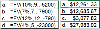 a. =FV(10%,9.,-5200) 1 a. $12,261.33 b. =FV(7%, 7. -7900) Tb. $12,685.67 c. =FV(12%, 12, -790) c. $3,077.82 d. =FV(4%,5,,-230