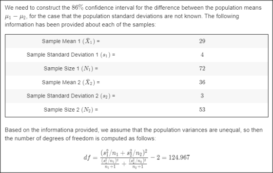 We need to construct the 86% confidence interval for the difference between the population means H1 - H2, for the case that t