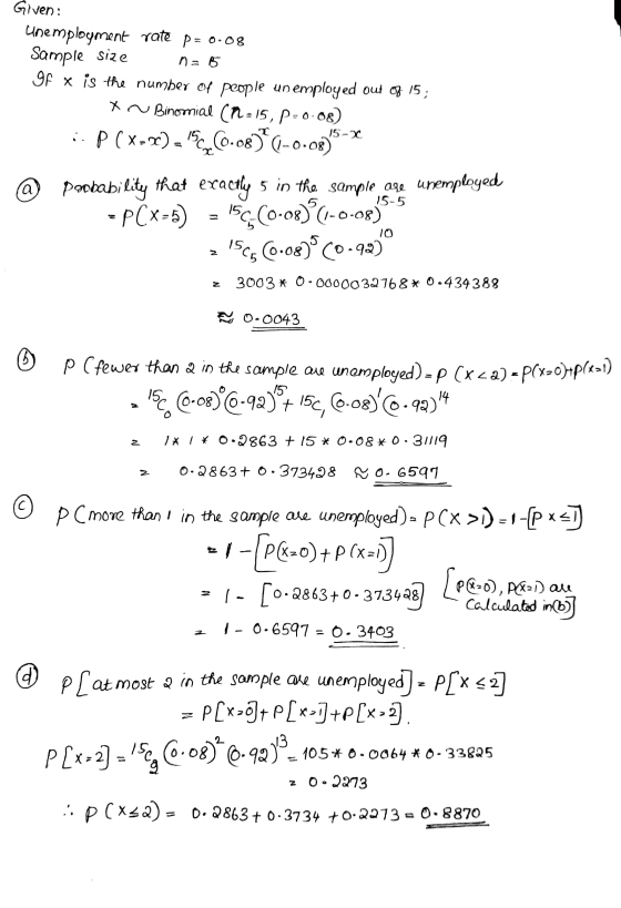 Given: Unemployment rate p= 0.08 Sample size n = 15 Of x is the number of people un employed out of 15; x Binomial (n=15, P-0