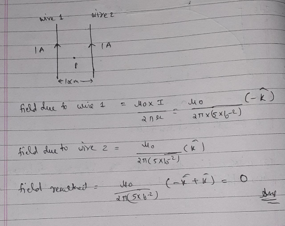 wire 1 wtrer NATA Eloom field due to wire 1 - (-k ) Mox I Que Mo 27 x G x 12) field due to wire 2 = Mo cal 25 (5X152) field r