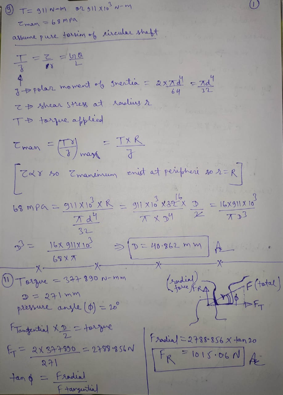 E T=911 Nom or 9 11 x 103 Nm Iman = 68mpa. assume pure torsions of circular shaft I=2 L 3 4 4 Td! 12 y polar moment of Inerti