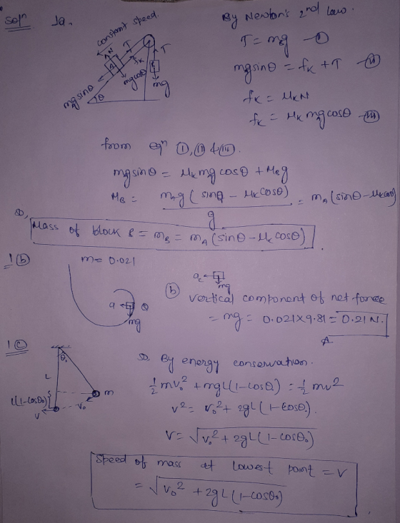 sor Jan constant speed By Newtons and Law Tango masine = fx +T ingrosso ng mg sine fc = MAN Mking coso AW fix - Mx from egr