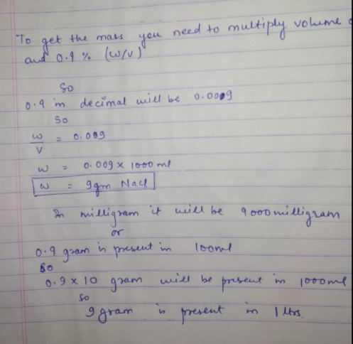 volume yeu need to multiply To the mals r aud 0.1 % (w So decimal uil be 0.0009 0.9 m So O003 V O. 009 x 10o0 m 94m Nac nill