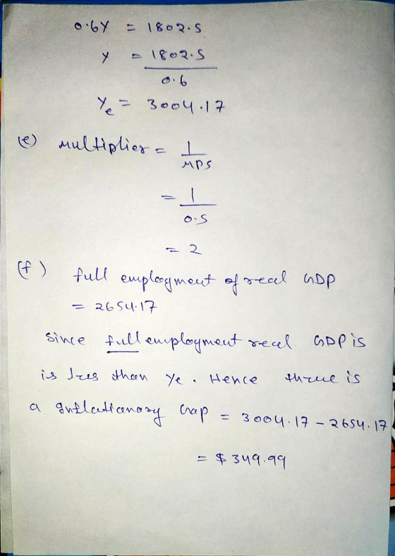 0.64 4 - 1802.5 - 1802.5 Ye = 3o04.17 (e) multiplier = MPS os (f) full employment of real GDP = 2654.17 since full employment