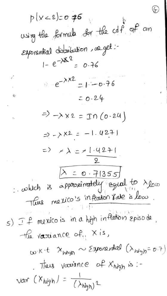 plx.2)=076 , using the formula for the cdf of an Exponential distzibution , we get :- 1-eth = 0.76 é Ano 21 -0.76 = 0. 24 -)