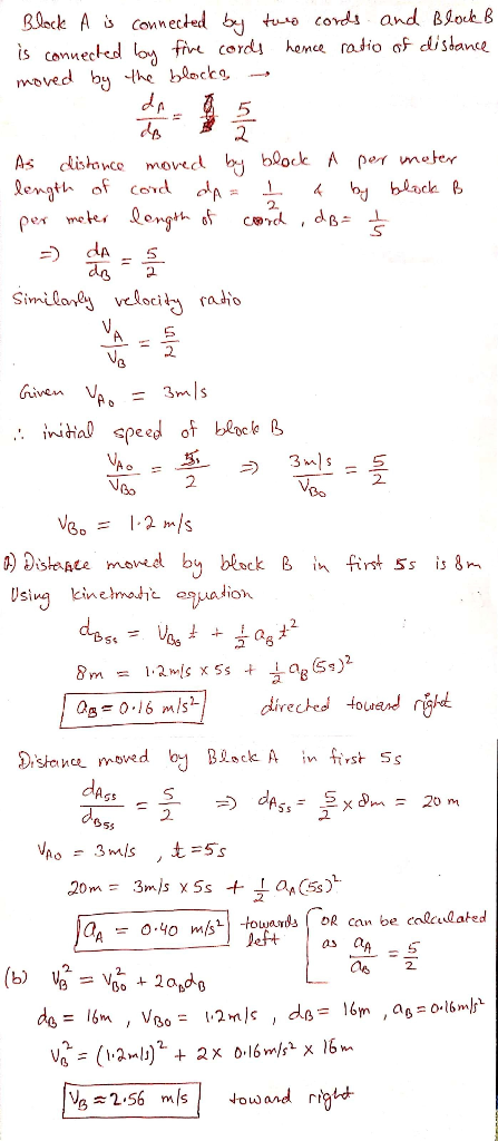 Block A is connected by two cords and Block B is connected by five cords hence ratio of distance moved by the blocks As dista