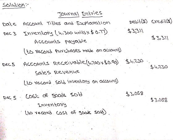 solution:- Journal Entries Date Account Titles and Explanation Debites) eredit(s) Dec 3 Inventory (4;300 linits X $0.17) . $3