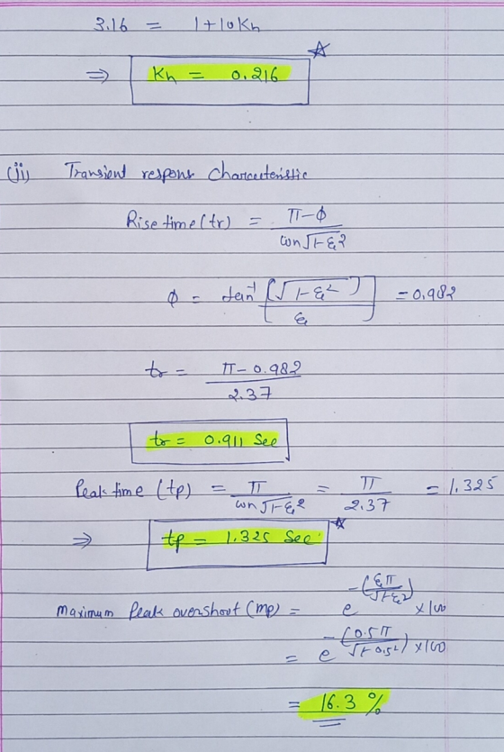 3.16 Itlokh ☆ Kh = 0.216. Transient respons charcutenstic Rise time (tr) T-6 Gon 11-६२ dan Shah & -0,982 toa TT-0.982 737 to