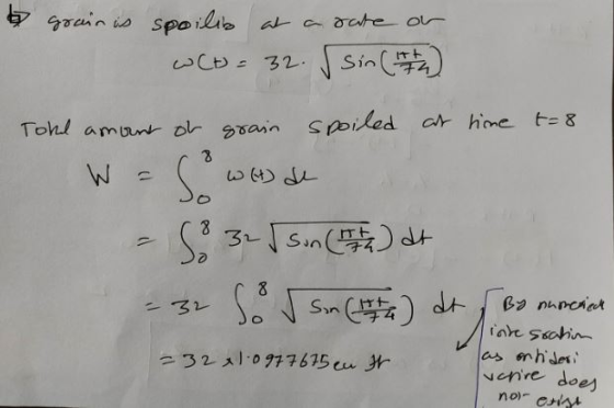 grair is spoilis at a rate or w(t) = 32. Sin (177) Tohl amount of grain spoiled at time t=8 )= لا لے یا دما - 38 3erson (1 h)
