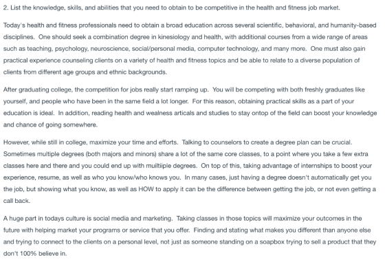 2. List the knowledge, skills, and abilities that you need to obtain to be competitive in the health and fitness job market.
